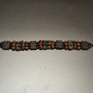 Handmade Beaded Charm Bracelet Wood Turquoise Metal Jewelry Lobster Clasp 8 Inch
